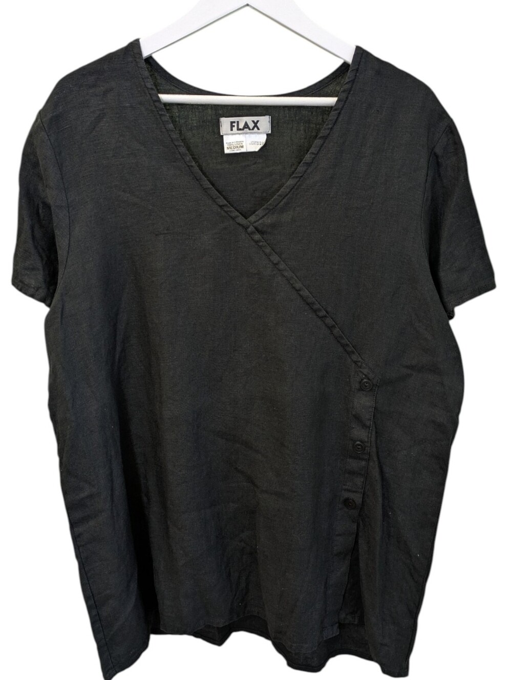FLAX 100% Linen Blouse Medium Black Button Front Lagenlook Short Sleeve